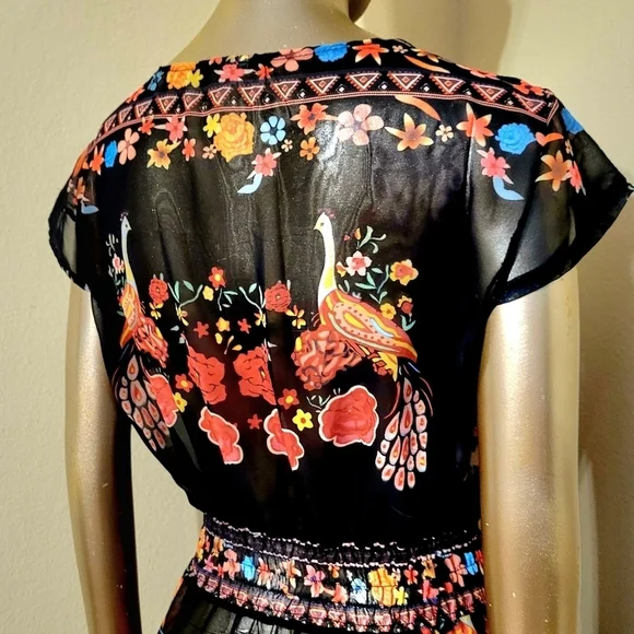 NWOT Floral Shirred Waist Tie Front Ruffle Hem Boho Sheer Dress Sz M - Picture 12 of 16